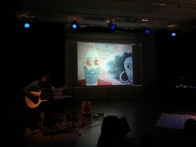 R&eacute;sidence de Rapha&euml;le Frier, Richard G&eacute;rard et Kam, spectacle "Amour Bleu" &agrave; la m&eacute;diath&egrave;que de Sarreguemines